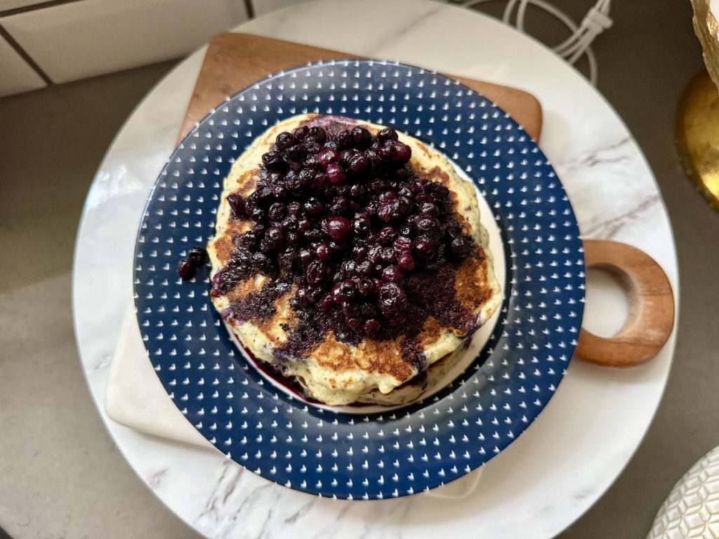 orange poppyseed pancakes with blueberry compote