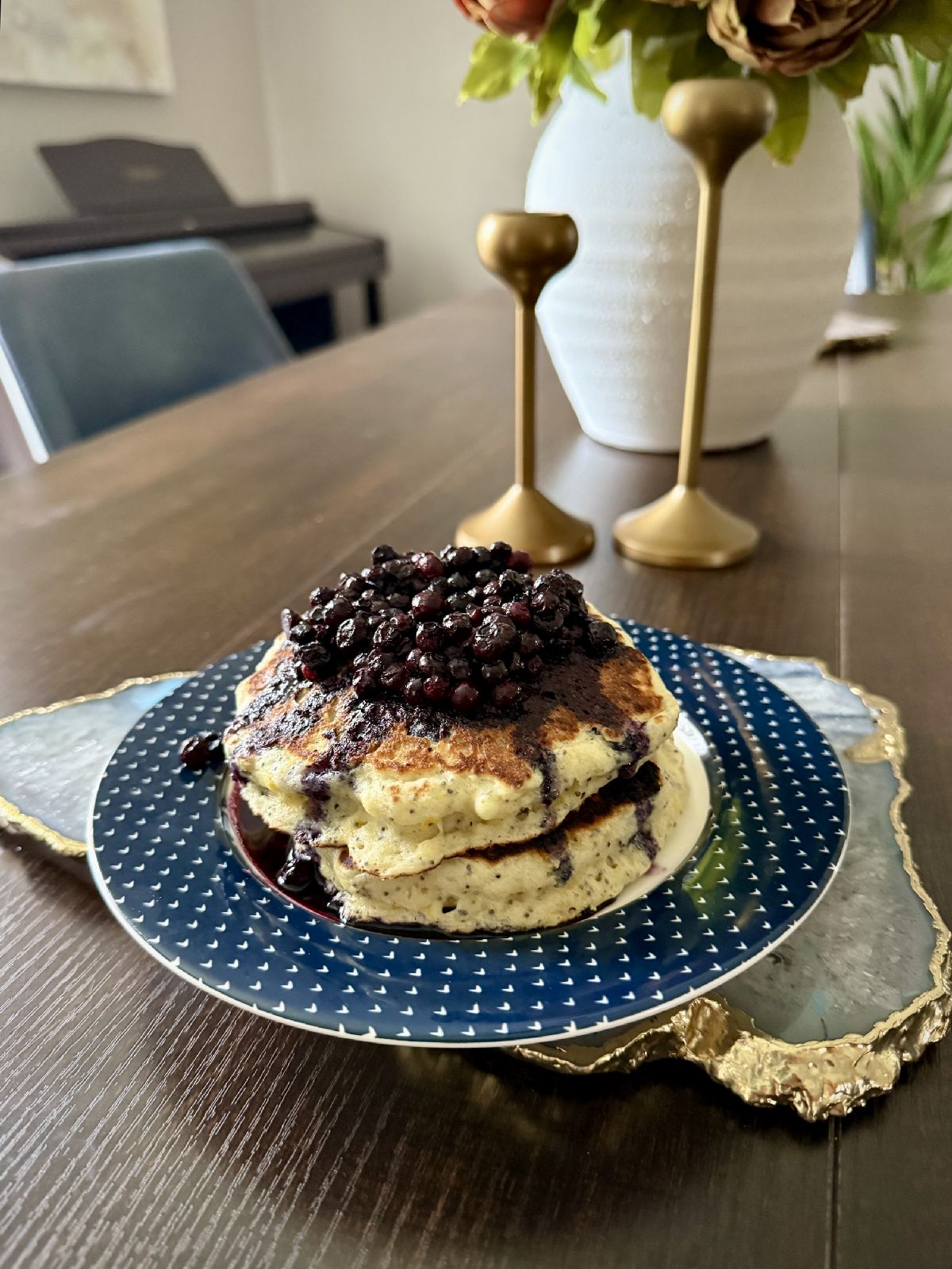 orange poppyseed pancakes with blueberry compote