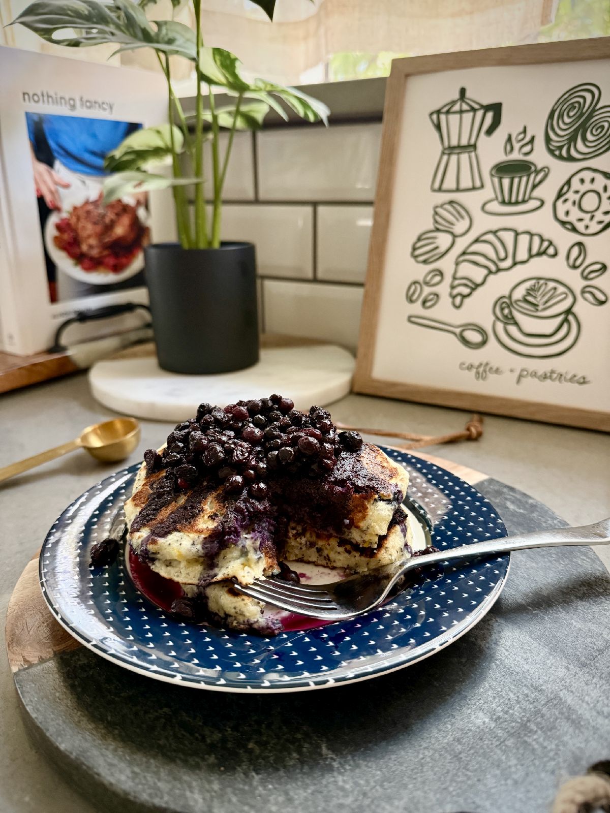 orange poppyseed pancakes with blueberry compote