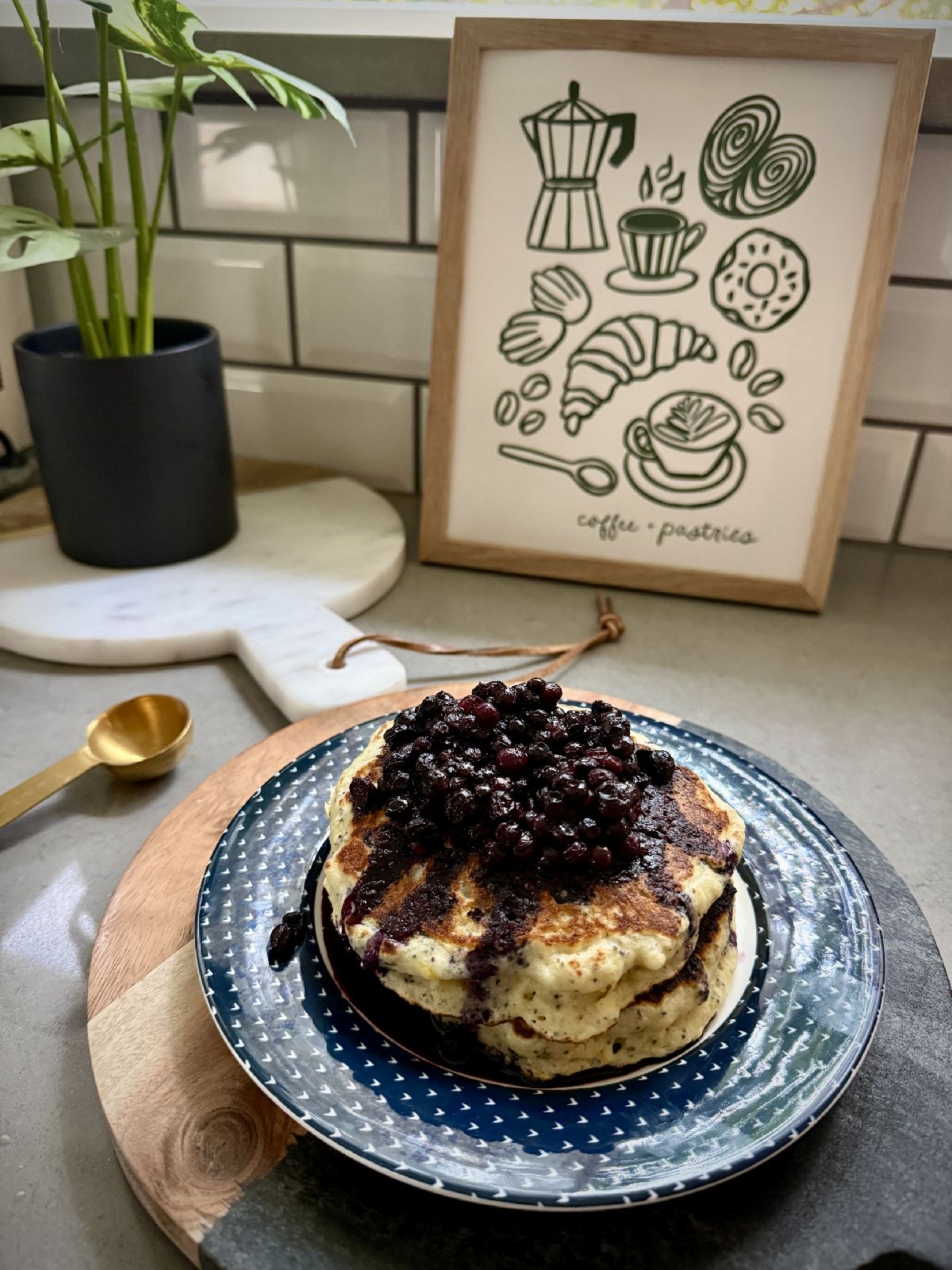 These orange poppyseed pancakes are a perfect easy brunch recipe, with a light citrus flavor and fluffy texture.  I recommend topping them with an easy blueberry compote and a drizzle of maple syrup! 