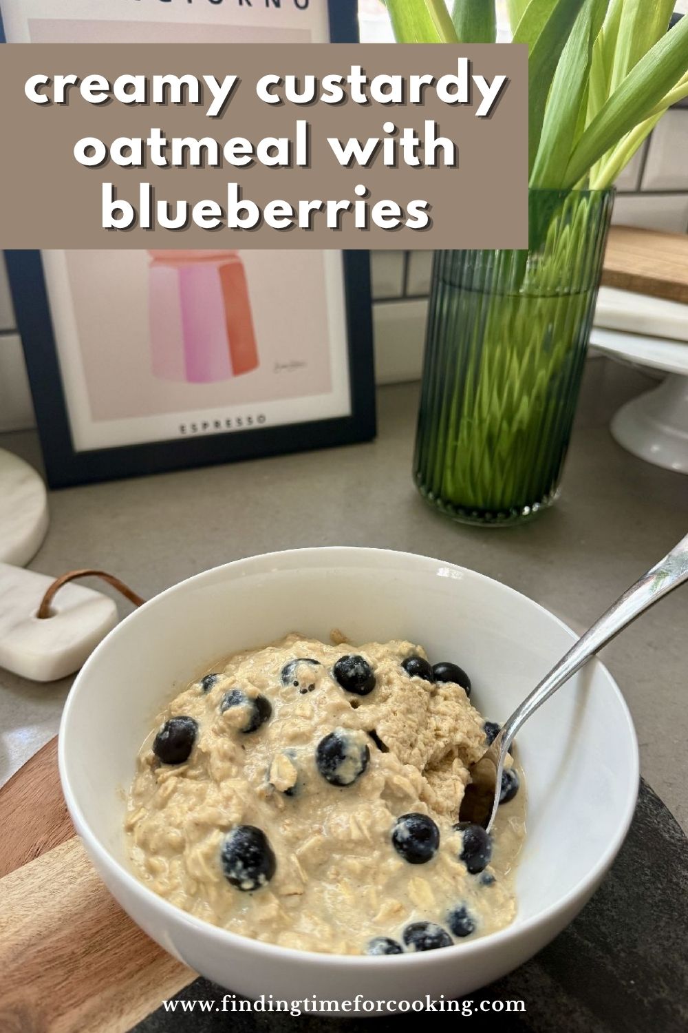 This custardy vanilla blueberry oatmeal has a secret ingredient--an egg added for texture and a bit of protein.  It's a creamy comfort food breakfast that packs a pretty decent nutritional profile--great fiber, nutrients, & a bit of protein and healthy fat.  It also takes less than 5 minutes to whip up, which makes it a winner most mornings for me!  A fast healthy breakfast everyone will love. #breakfast #oatmeal