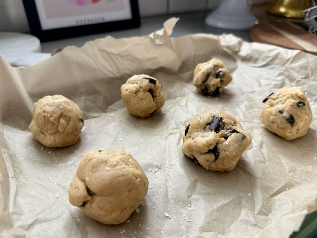 dark chocolate chunk orange tahini cookies ready to bake